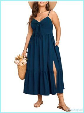 Plus Size Maxi Sun Dress Spaghetti Strap Tie Front Smocked Ruffle Split Boho